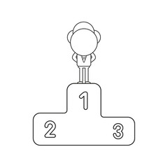 Vector businessman character standing on first place of winners podium. Black outline.