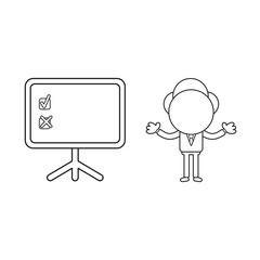 Vector businessman character and presentation chart with check and x marks. Black outline.
