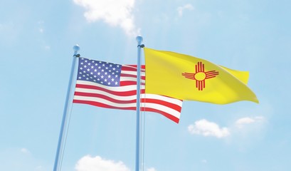 USA and state Mexico, two flags waving against blue sky. 3d image