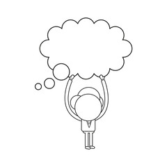 Vector businessman character holding up blank thought bubble. Black outline.
