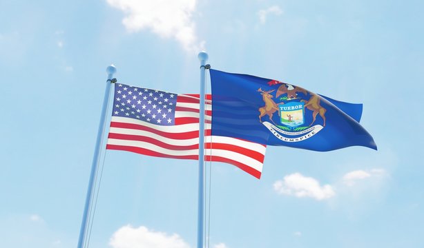 USA and state Michigan, two flags waving against blue sky. 3d image
