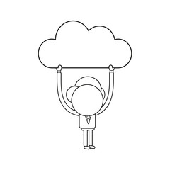Vector businessman character holding up cloud. Black outline.