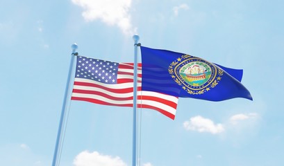 USA and state New Hampshire, two flags waving against blue sky. 3d image