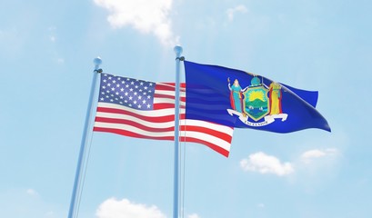 USA and state New York, two flags waving against blue sky. 3d image