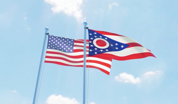 USA and state Ohio, two flags waving against blue sky. 3d image