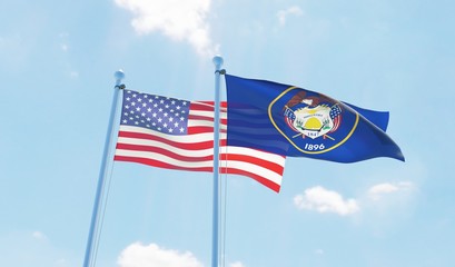 USA and state Utah, two flags waving against blue sky. 3d image