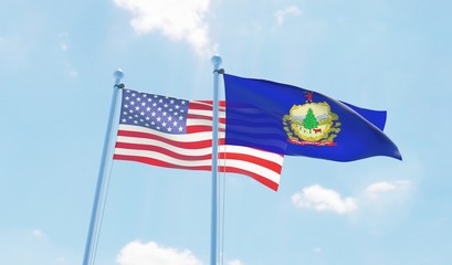 USA and state Vermont, two flags waving against blue sky. 3d image