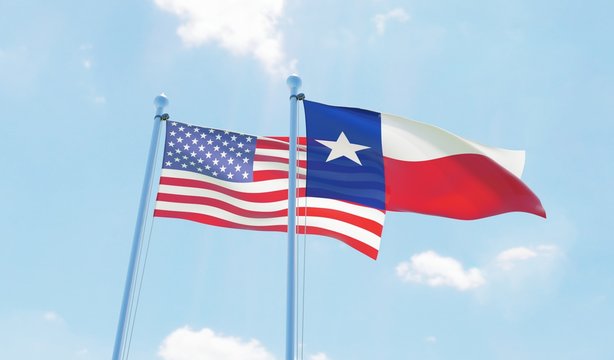 USA and state Texas, two flags waving against blue sky. 3d image