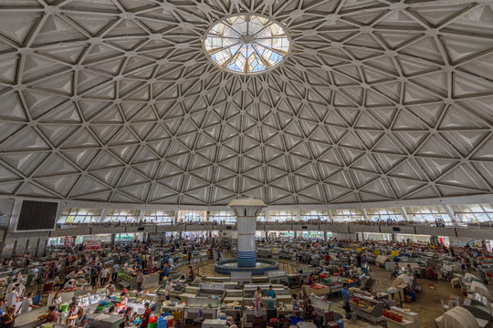 Interior view of Chorsu Bazaar with domed ceiling, Tashkent, Uzbekistan.