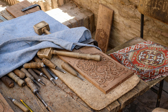 High angle close up of traditional woodworking tools, Khiva, Uzbekistan.