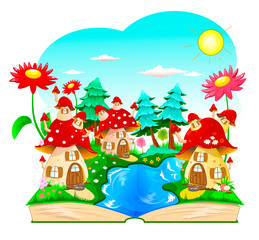 Book, mushroom houses, flowers, landscape. Stylized children's book with a cartoon landscape and houses in the form of mushrooms