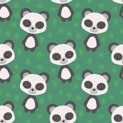 Seamless pattern with cute cartoon style black and white giant panda bears and bamboo leaves on green background