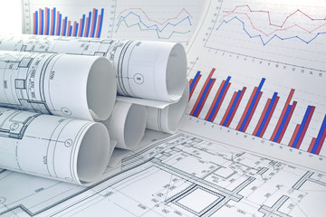 Photo drawings for design engineering works with graphs and diagrams