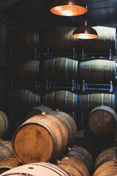 Oak Wine Barrels In A Winery, Winemaking