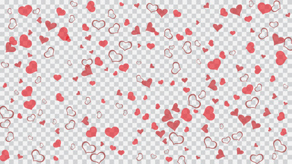 Fototapeta na wymiar Red hearts of confetti are falling. Light background. A sample of wallpaper design, textiles, packaging, printing, holiday invitation for birthday. Red on Transparent background Vector.