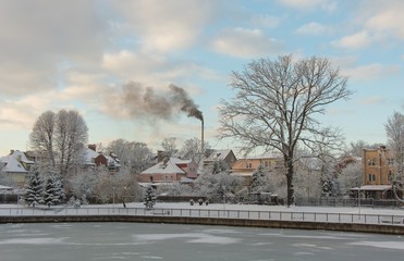 Winter landscape on the lake shore on a sunny day with snow and blue sky