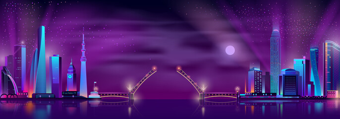 Vector illustration with drawbridge between two modern megalopolises. Cities on the river connected by bridge. Night architecture background with neon glowing buildings, skyscrapers in cartoon style.
