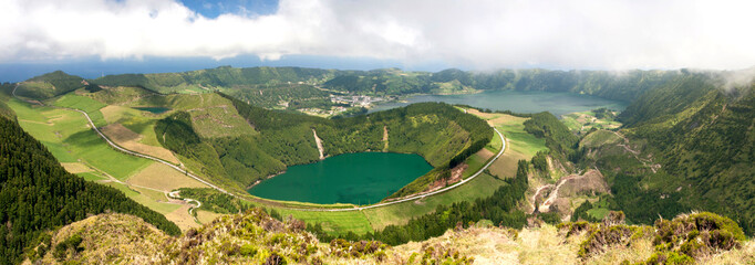 Panoramic view of the lake in a volcanic crater, Sete Cidades - Ponta Delgada - Sao Miguel - Azores