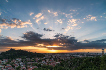 Naklejka na ściany i meble Sunset over Plovdiv city, european capital of culture 2019, Bulgaria