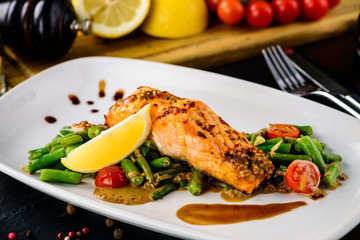 salmon fillet with vegetables in a restaurant