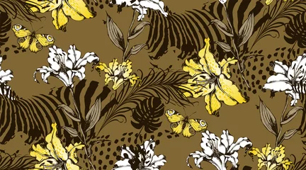 Schilderijen op glas Pattern of lily and animal texture. Vector illustration. Suitable for fabric, wrapping paper and the like © Helen Trupak