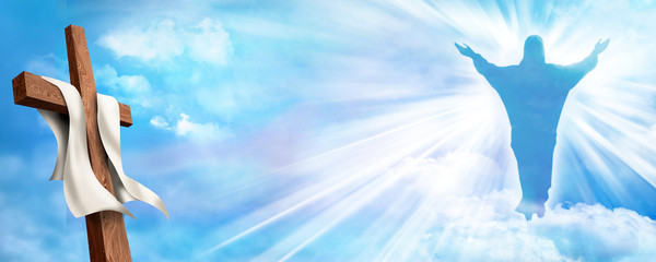 Web banner Resurrection. Christian cross with risen Jesus Christ and clouds sky background. Life after death