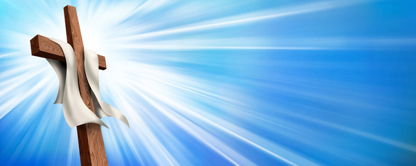 Web banner. Resurrection. Crucifixion. Christian cross illuminated on a blue background. Life after death
