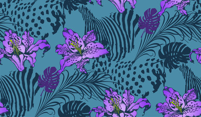 Fototapeta na wymiar Pattern of lily and animal texture. Vector illustration. Suitable for fabric, wrapping paper and the like