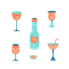 Set of cocktail and wine glasses and bottle. Flat style vector illustration.
