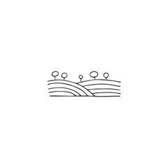 Farm logo element. Vector hand drawn landscape, field and trees.