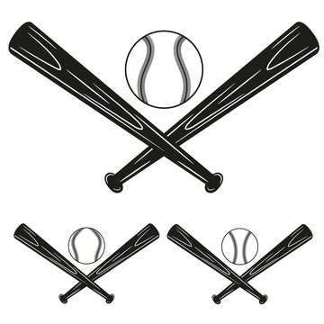 Two crossed wooden baseball bats and ball. Vector illustration isolated on white background. For sport logo, emblem, symbol.