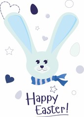Happy Easter greeting card with cute blue bunny and eggs. Vector Easter background with bunny from cute elements: eggs, hearts, stars. Spring holiday.
