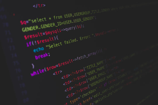 Screen of web developing php code on dark background. Failed. Error.