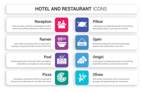 Set of 8 white hotel and restaurant icons such as Reception, Ramen, Pool, Pizza, Pillow, Open isolated on colorful background