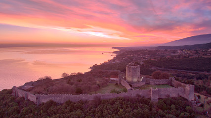 The castle of Platamonas, medieval fortress of south macedonia, aerial view during sunrise