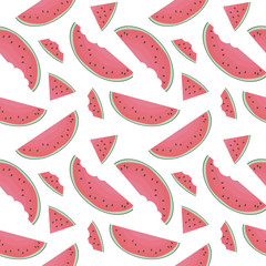 Watermelon slices - seamless repeat pattern. Fun summer background - different ripe watermelon slices on white .