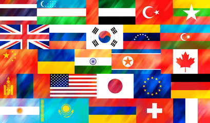 Stylized, colorful background of national flags of different countries of the world.