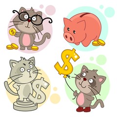 Set of cartoon icons for kids and dogs design. A cat scientist in glasses stands with coins, a pig piggy bank, with a gold dollar, with a balloon and a monument in the form of a cat.