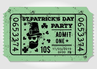 Saint Patrick's Day party celebration invitation, ticket, admit one. Vintage style vector illustration