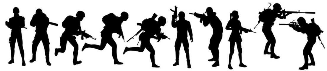 Obraz premium Silhouettes of the military, a large collection. Computer games concept. Set of people in uniform with a weapon. Special force. Silhouettes set