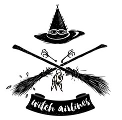 Witch hat with gogles and two crossed broomsticks. Logo emblem or t-shirt print - obrazy, fototapety, plakaty