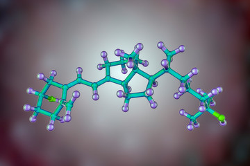 Calcidiol molecule, also called calcifediol, major circulating metabolite of vitamin D3 produced in liver, 3D illustration
