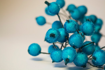 Texture. White background. Winter. An artificial branch of blue berries in hoarfrost. Dew drops. A decor for the house.