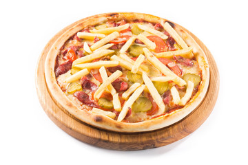 pizza with french fries, tomato and meat, ketchup