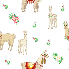  Llamas with flowers. Hand drawn seamless pattern