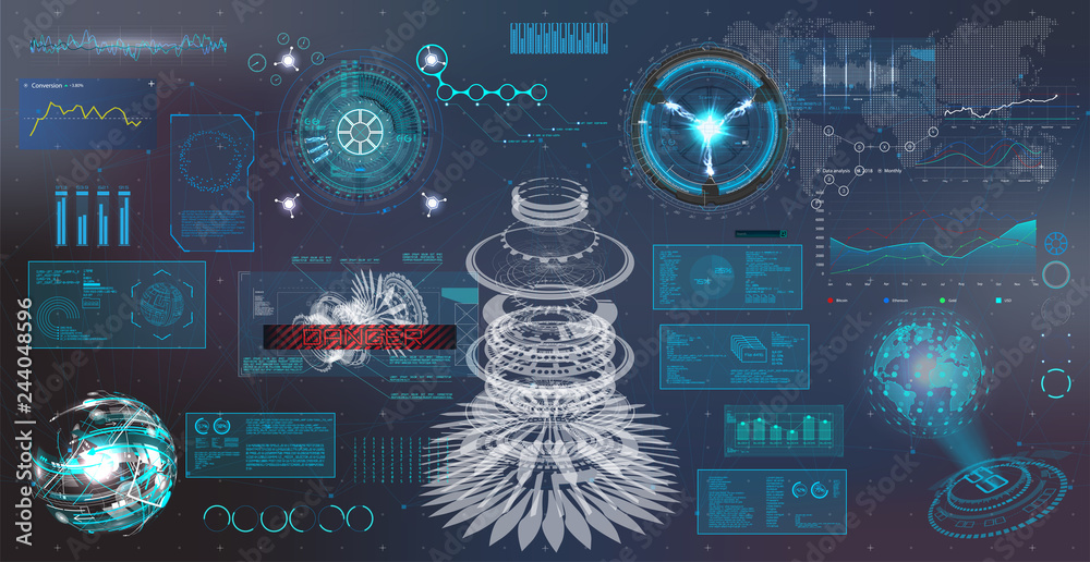 Aufkleber hud interface. virtual reality technology. futuristic user interface ( data, charts, gadgets, app el