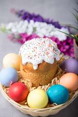 Easter. Traditional Russian and Ukrainian Easter cake (kulich) and painted eggs. Close-up, selective focus.