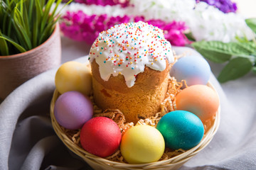 Easter. Traditional Russian and Ukrainian Easter cake (kulich) and painted eggs. Close-up, selective focus.