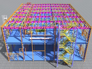 Building Information Model of metal structure. 3D BIM model. The building is of steel columns, beams, connections, etc. 3D rendering. Engineering, industrial, construction BIM background.