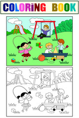Childrens playground. Color and black and white coloring.